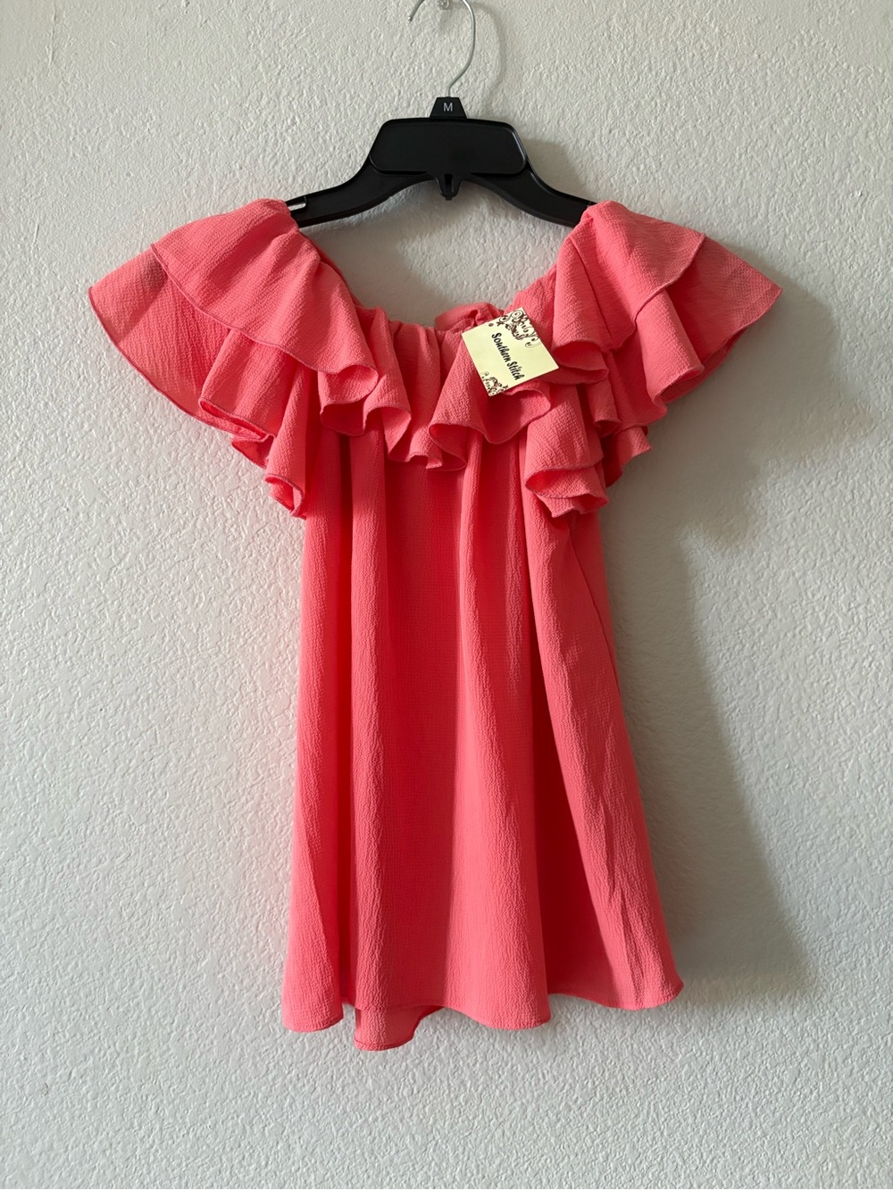 Girls Coral Pink Ruffled Off-Shoulder Top